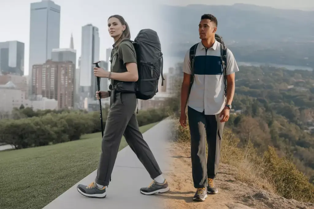 A woman backpacks in a city; a man hikes on a nature trail, both wearing outdoor gear.