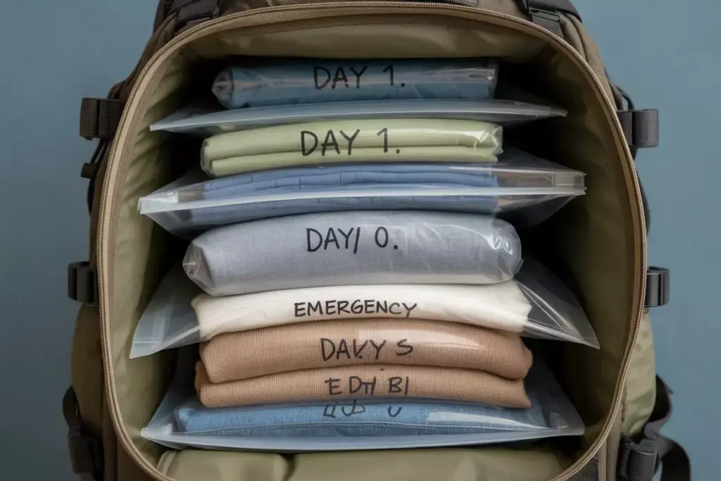 A backpack filled with neatly packed clothes in labeled plastic bags for each day and emergencies.