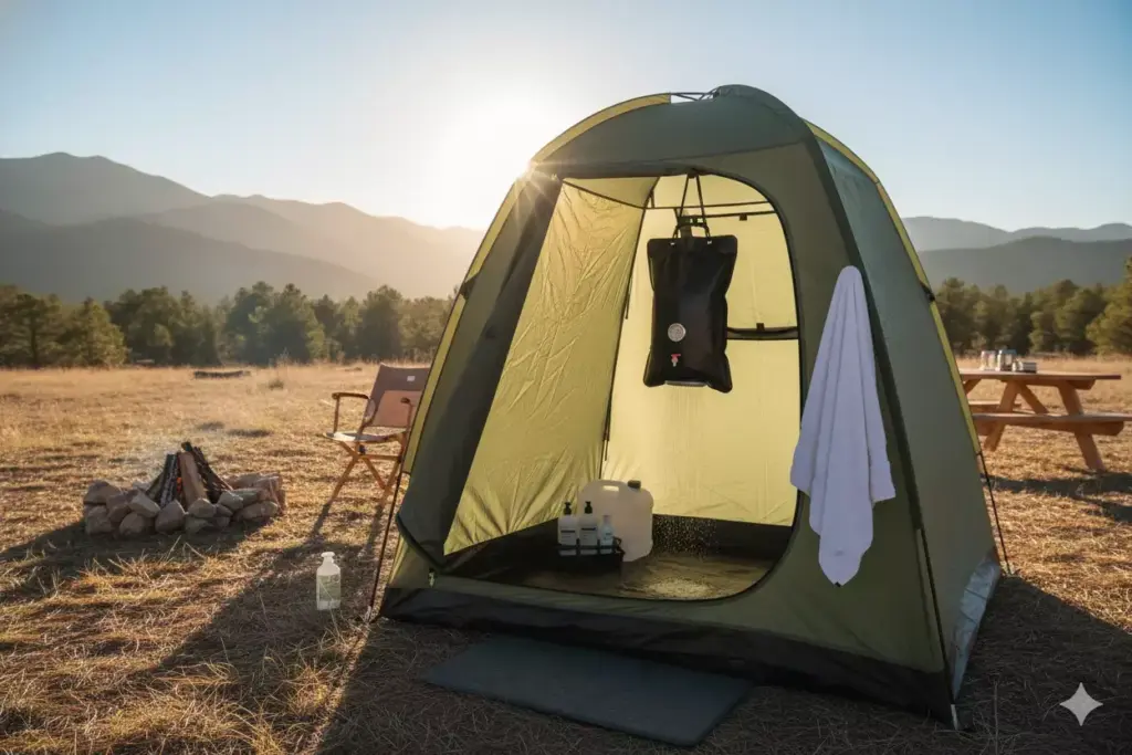 A pop-up camping shower tent stands in a field at sunrise, with a towel and shower bag inside.