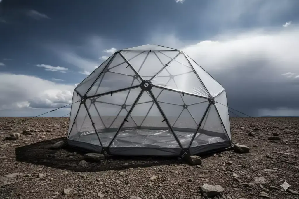 A transparent geodesic dome tent stands on a rocky, barren landscape under a cloudy sky.