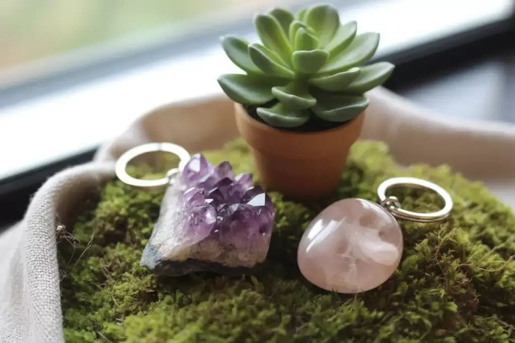 Small potted succulent with two crystal keychains on a mossy surface near a window.