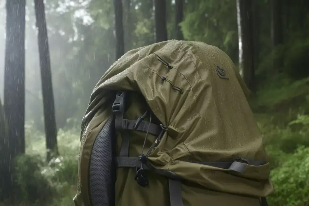 A rain-soaked green hiking backpack in a misty forest with tall trees in the background.
