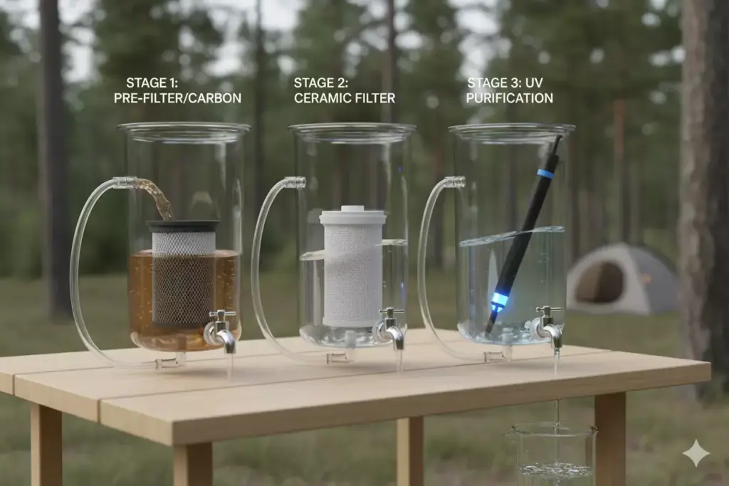 Three glass containers showing water filtration: pre-filter, ceramic filter, and UV purification stages outdoors.