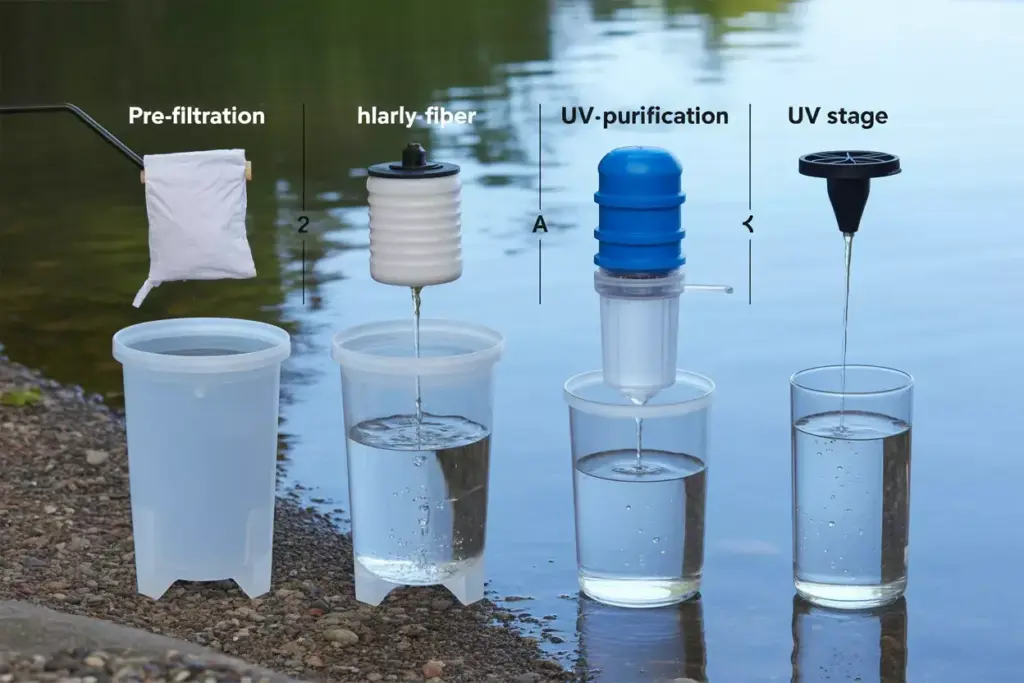 Four stages of water filtration from a lake: pre-filtration, fiber filter, UV purification, and final UV stage.