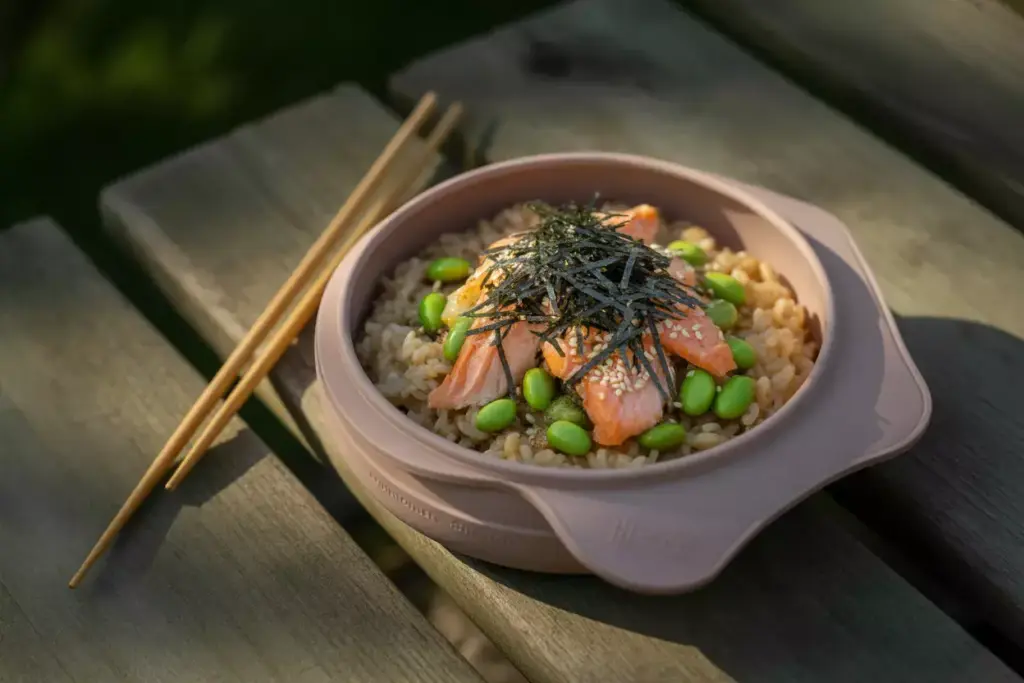 6 Asian Fusion Rice Bowl With Salmon Nori Sesame Edamame Camp Meal