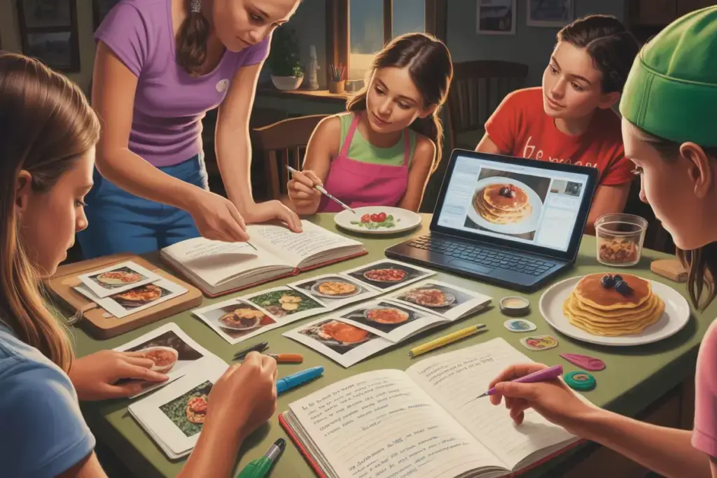 Campers Creating A Handmade Cookbook With Photos And Recipes From Summer Cooking Activities