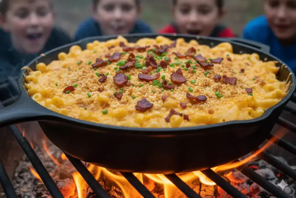 Campfire Mac Cheese Deluxe Cast Iron Creamy Golden Crust Bacon Multiple Cheeses Outdoor Comfort Food