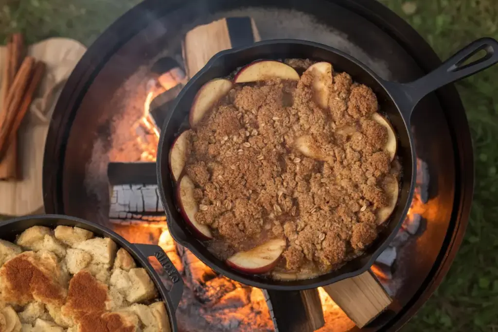Cast Iron Apple Crisp And Bread Pudding Cooking In Fire Pit Coals