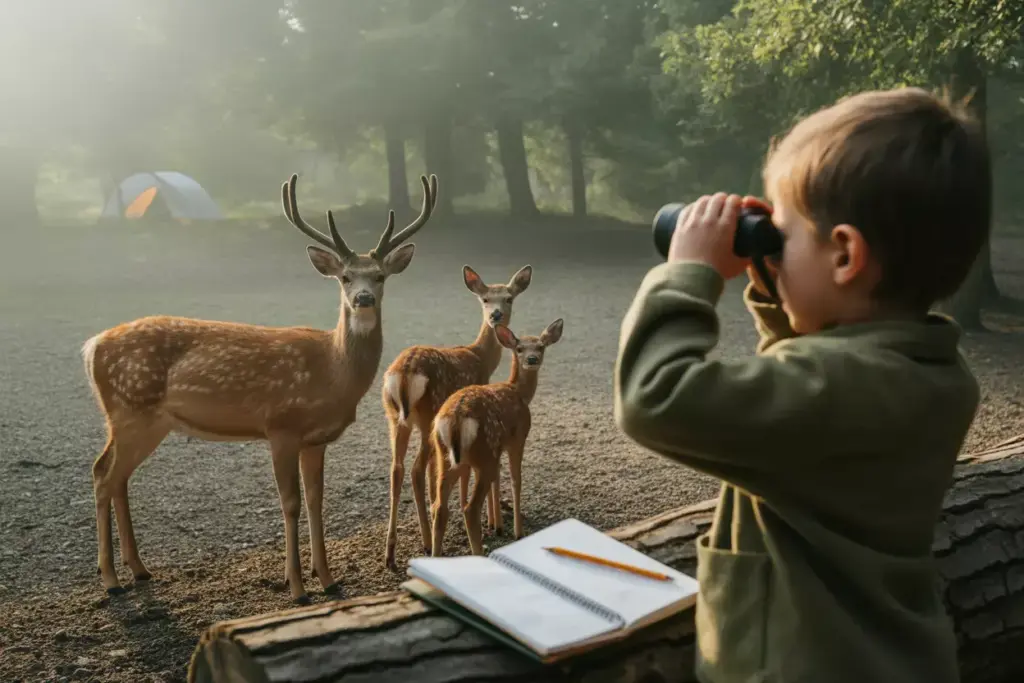Child Observing Deer Family With Binoculars In Misty Forest Morning