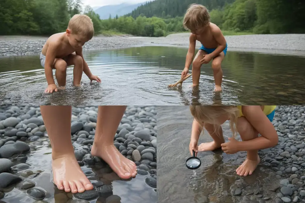 Children Exploring Texture Transformations In Stream Water Play