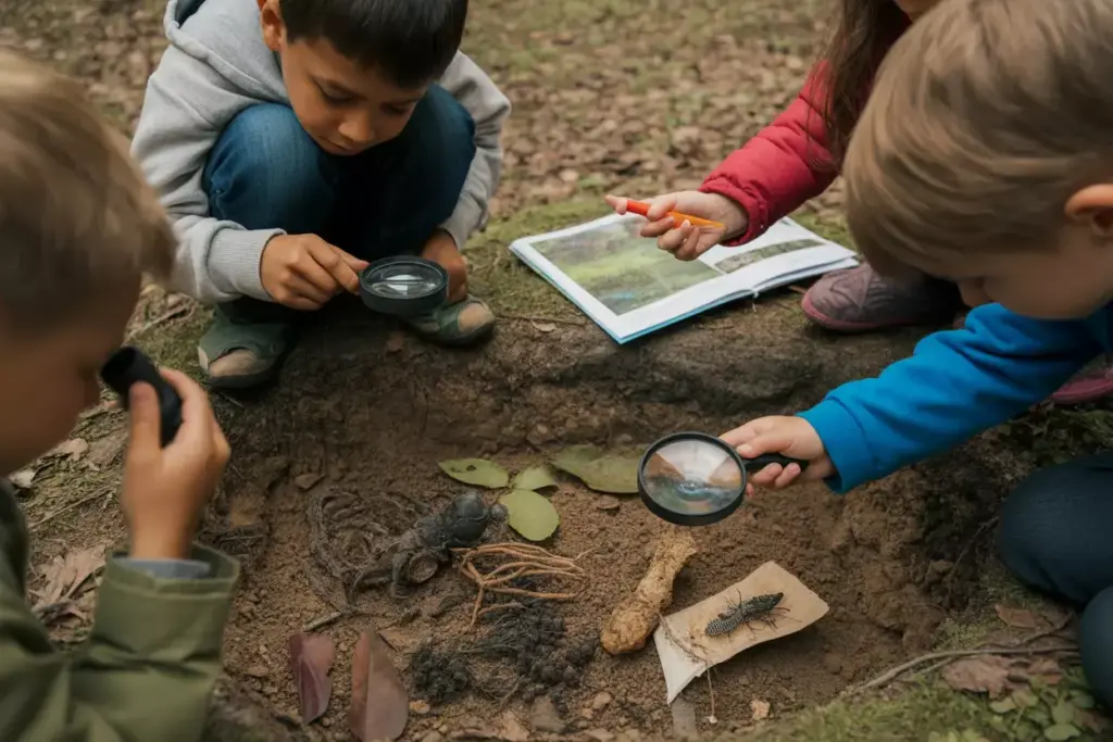 Children Investigating Forest Soil Layers With Magnifying Glasses And Notebooks