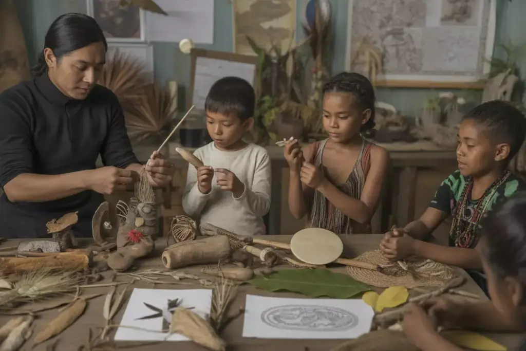 Children Making Indigenous Crafts With Natural Materials In A Cultural Learning Space