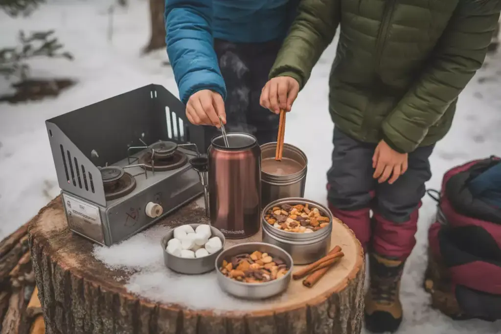 Children Preparing Spiced Hot Chocolate At Portable Stove During Winter Forest Picnic