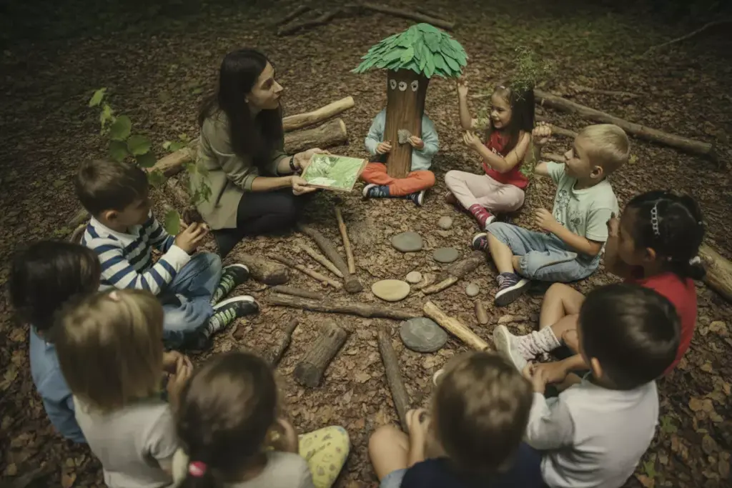 Children Sitting In Forest Circle Listening Acting Out Nature Stories