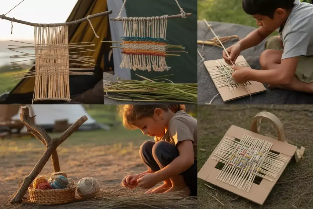 Children Weaving Natural Materials Into Patterns Using Branch Frames And Cardboard Looms Outdoors