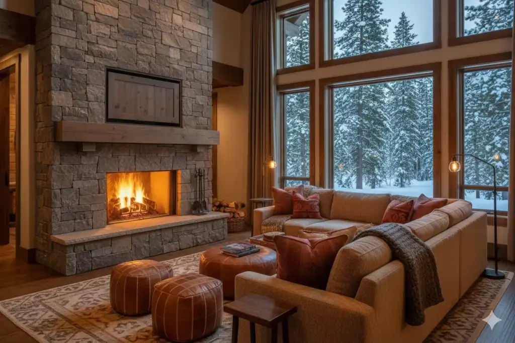 Cozy Cabin Gathering Space With Fireplace Modular Sofa And Scenic Windows
