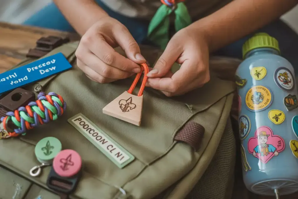 Hands tying a cord through a wooden scout badge on a backpack, with scouting pins and a decorated water bottle.