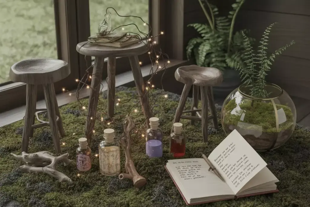 Enchanted Cabin Still Life With Mushroom Stools Fairy Lights And Potion Bottles