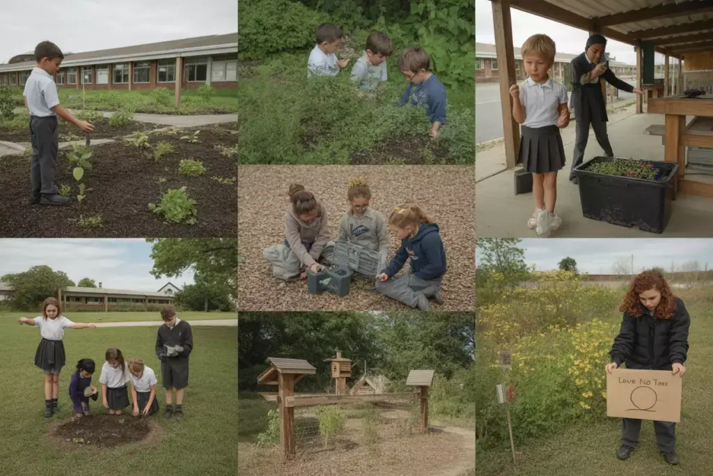 Environmental Stewardship Projects Including School Garden Recycling And Wildlife Habitat Creation