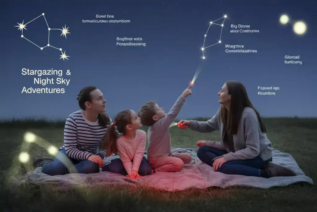 Family Stargazing With Red Flashlights And Constellation Charts During Camping Night