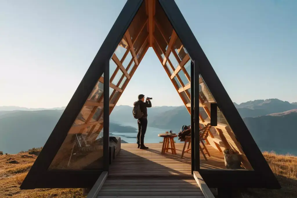 Instagram Worthy A Frame Cabin Aesthetics With Adventurer Capturing Scenic View