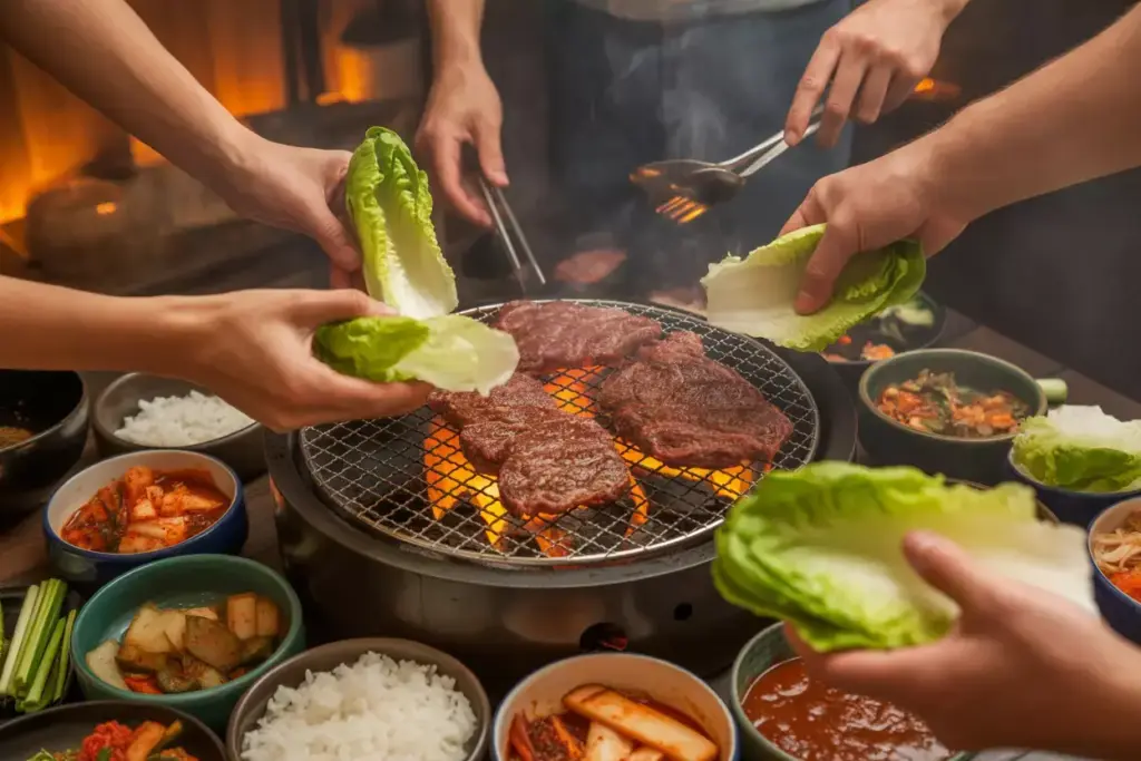 6 Interactive Korean Bbq Lettuce Wrap Station With Marinated Beef And Banchan