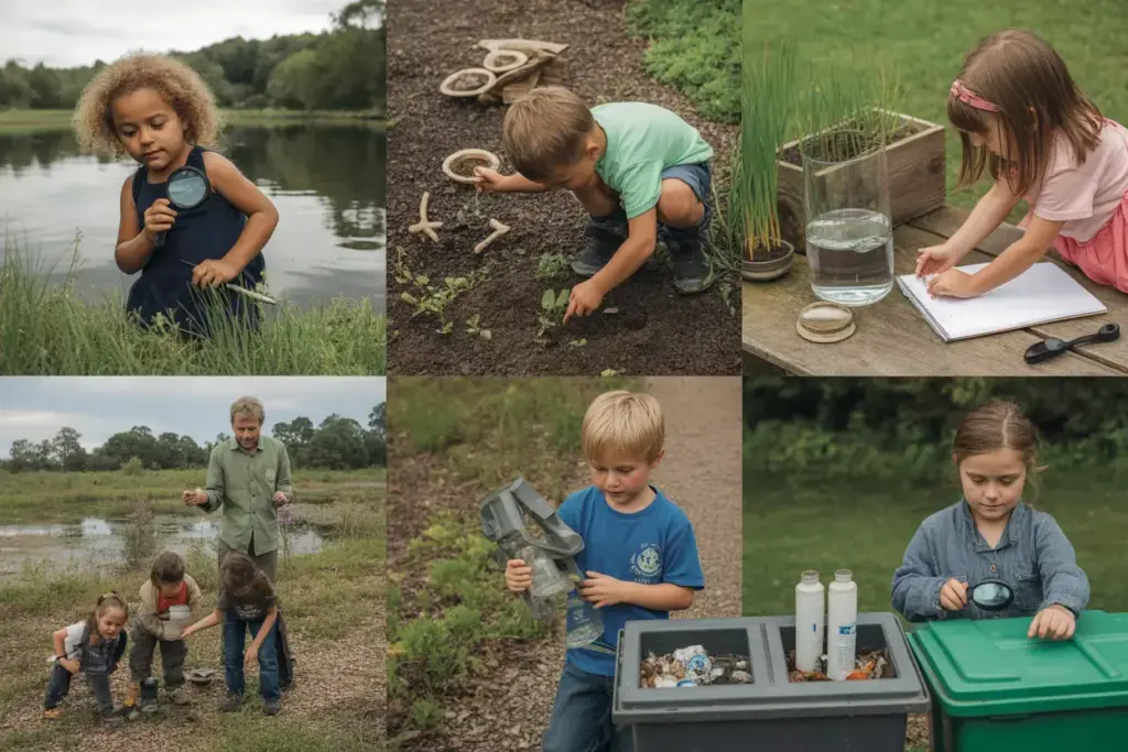 Kids Studying Pond Ecosystems And Planting Gardens In Nature Center