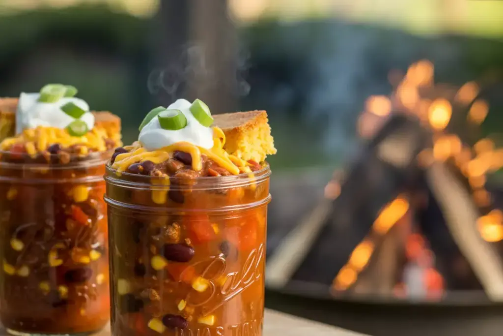 6 Mason Jar Campfire Chili Cornbread Toppers Cheese Green Onions Bonfire Portable Autumn