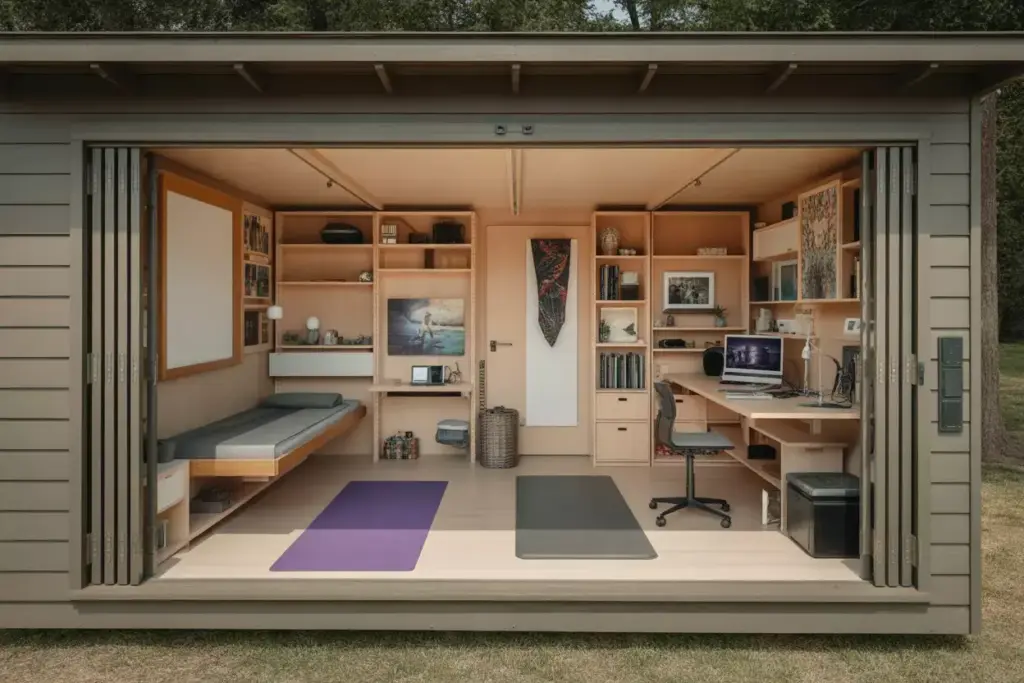 Multi Purpose Studio Cabin Interior Showing Flexible Furniture And Storage Solutions