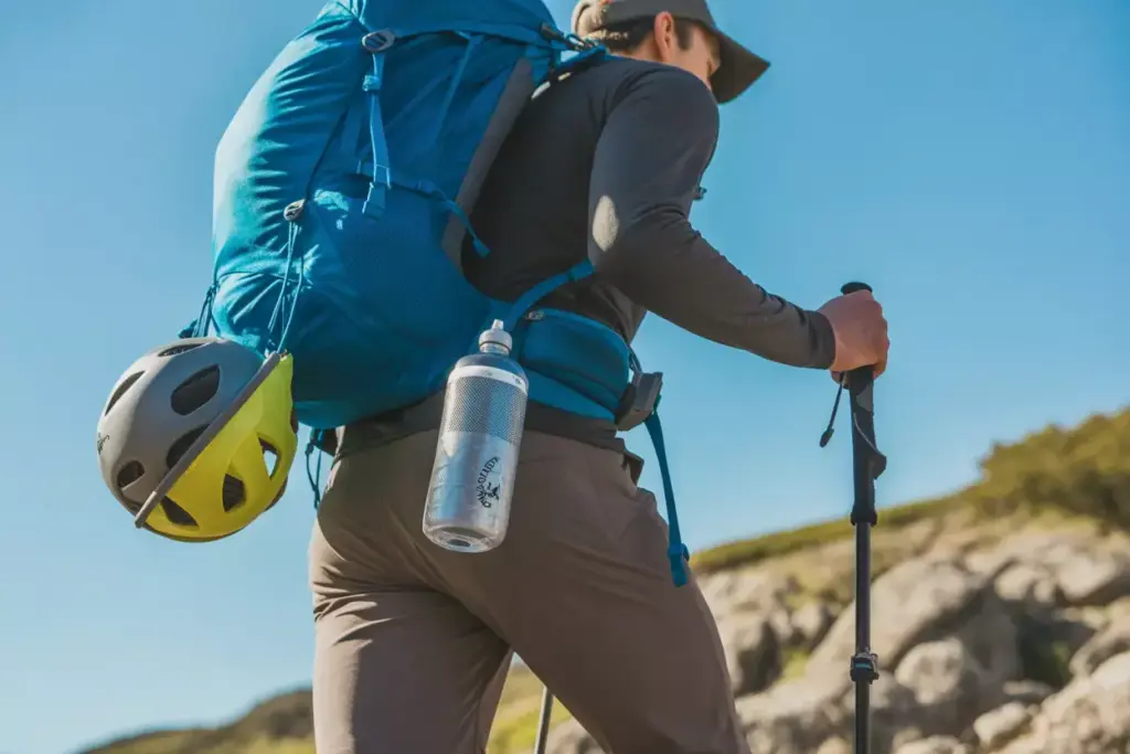A hiker with a blue backpack, helmet, and water bottle treks outdoors with trekking poles on a sunny day.