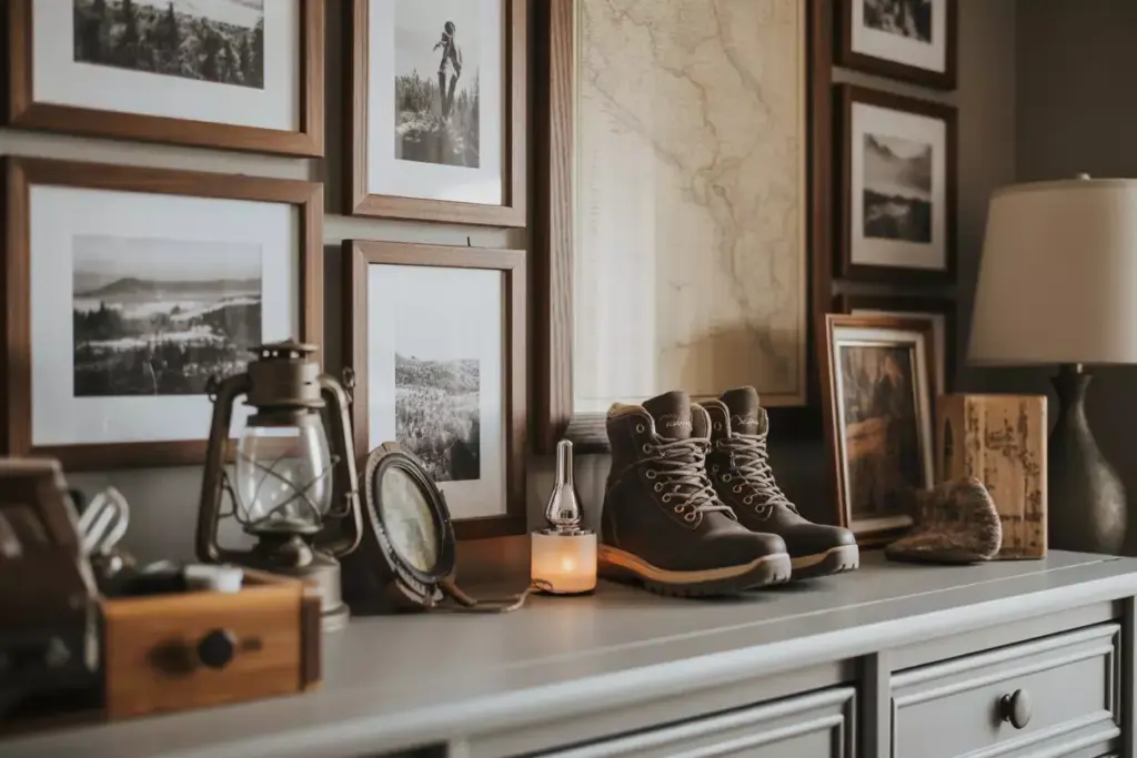 Personalized Cabin Bedroom With Vintage Maps Photos And Outdoor Memorabilia