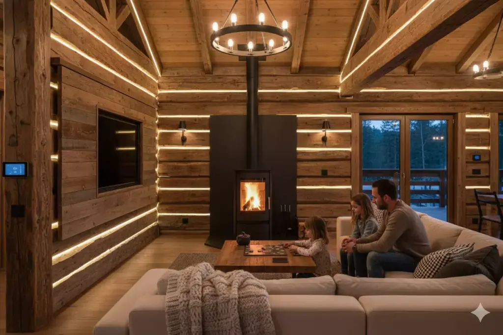 Rustic Cabin Interior With Hidden Modern Amenities And Wood Burning Stove