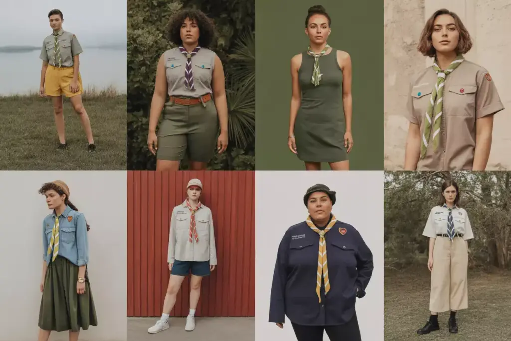 Eight people wearing different modern versions of scout uniforms stand in various outdoor and indoor settings.
