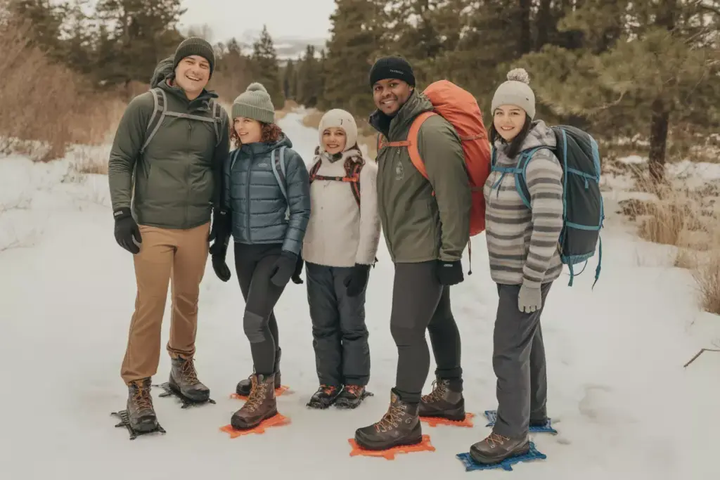 Five people in winter gear and snowshoes smile together on a snowy trail surrounded by trees.