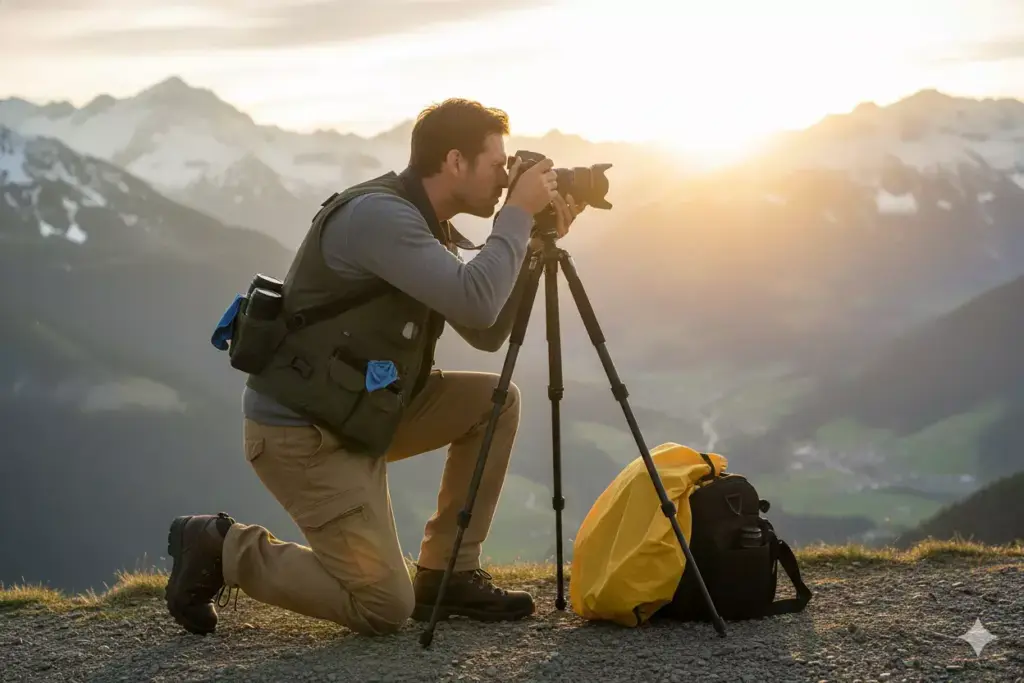 Man kneeling with camera on tripod at sunrise in mountains, yellow bag on ground nearby.