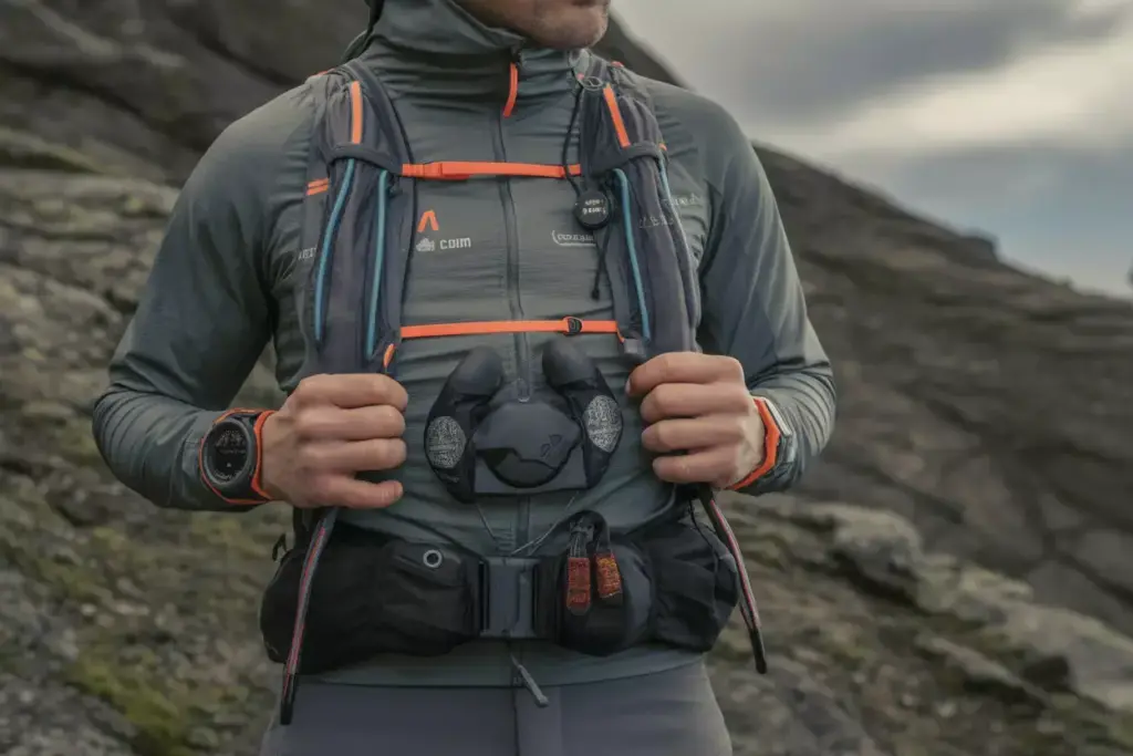 A person wearing a trail running vest and gear stands on a rocky landscape under a cloudy sky.