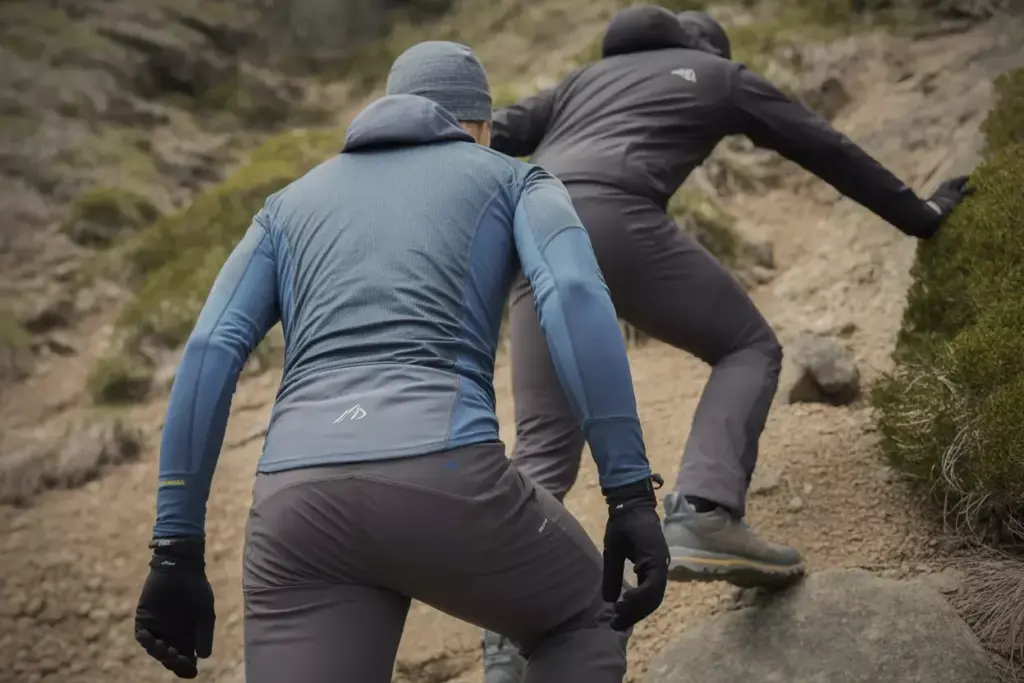 Two people in outdoor gear climb a rocky, dirt trail on a hillside, surrounded by sparse vegetation.