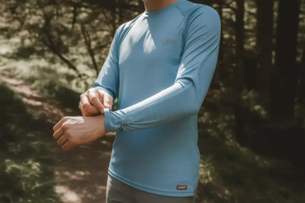 Person outdoors in a forest wearing a light blue long-sleeve UPF shirt, adjusting their sleeve.