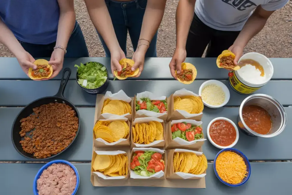 Walking Taco Bar With Individual Chip Bags And Toppings Station