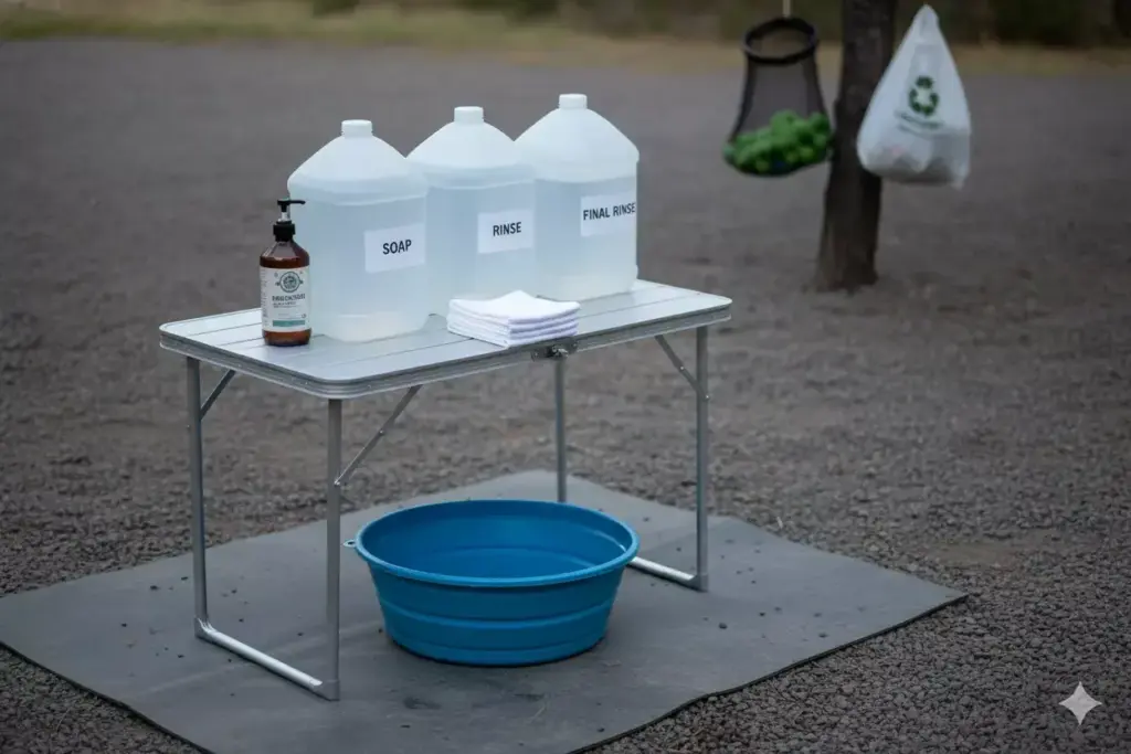 A handwashing station with soap, rinse bottles, towels, and a blue tub on a folding table outdoors.