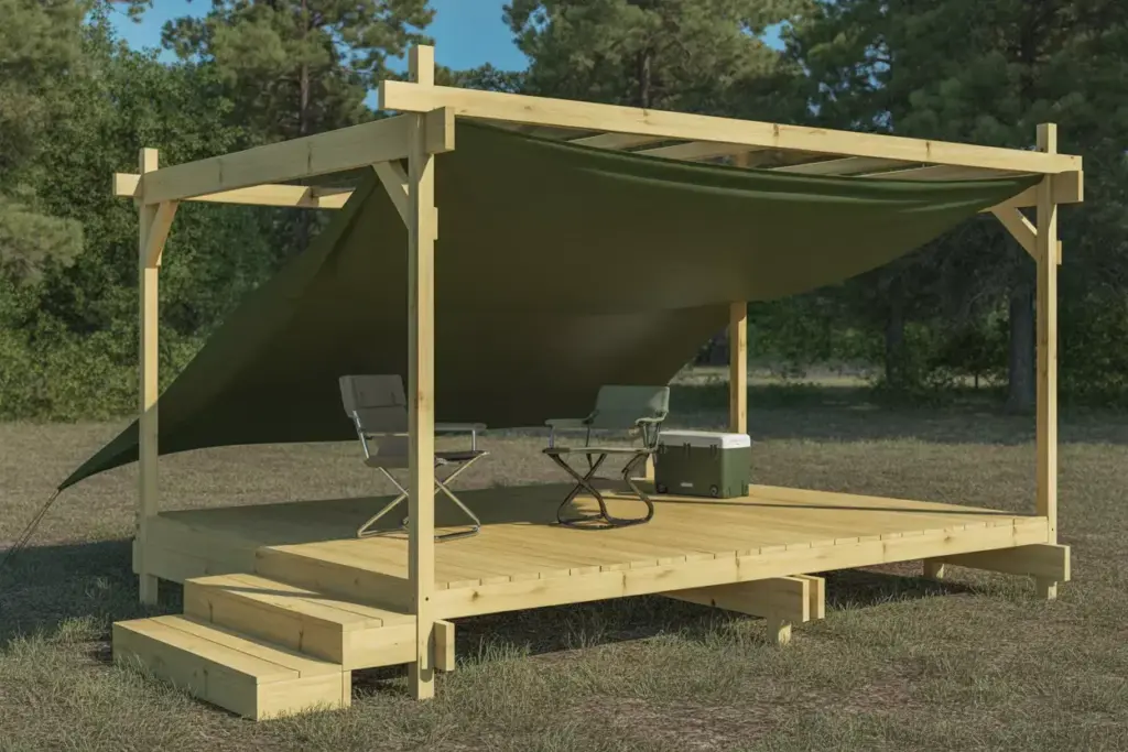 Wooden platform with two chairs, a cooler, and a green tarp canopy, set outdoors near trees.
