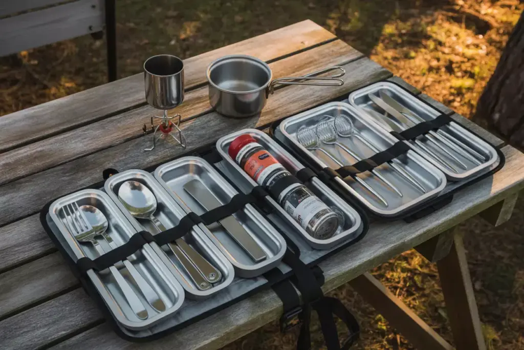 Camping cutlery and cooking set laid out on a wooden table outdoors, with a pot and cup nearby.