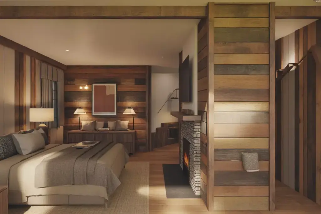 Cabin Interior With Reclaimed Wood Stone Fireplace And Layered Lighting Design