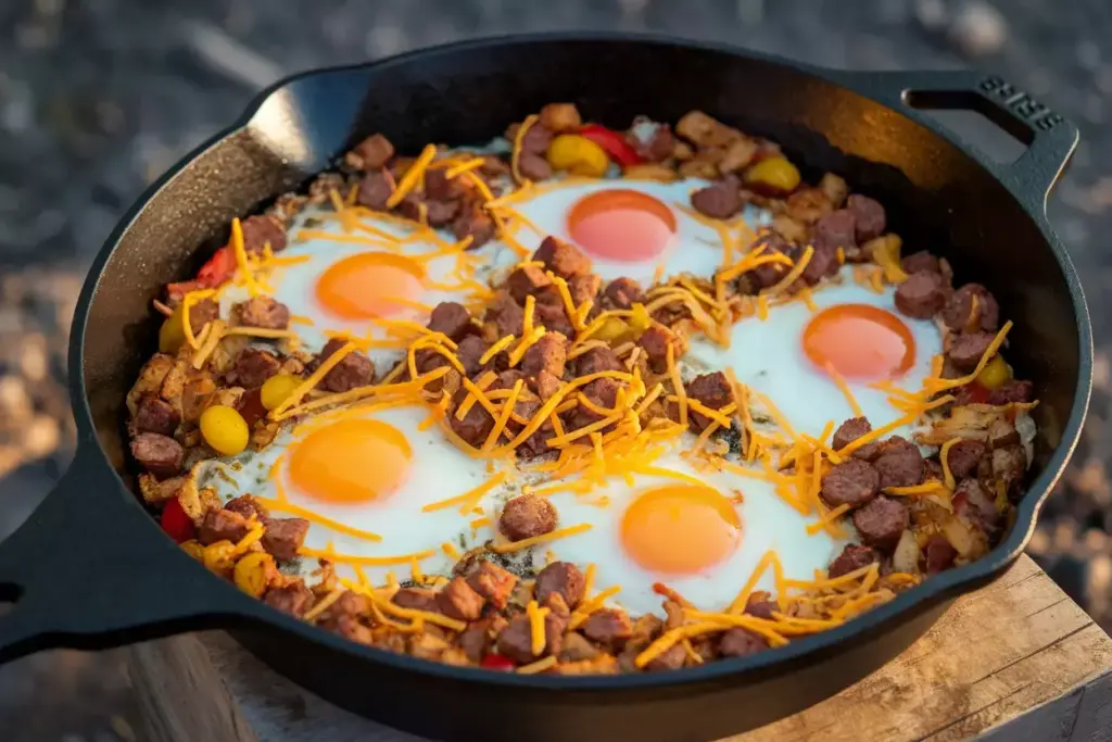 Cast Iron Breakfast Hash With Eggs Sausage Potatoes Campfire