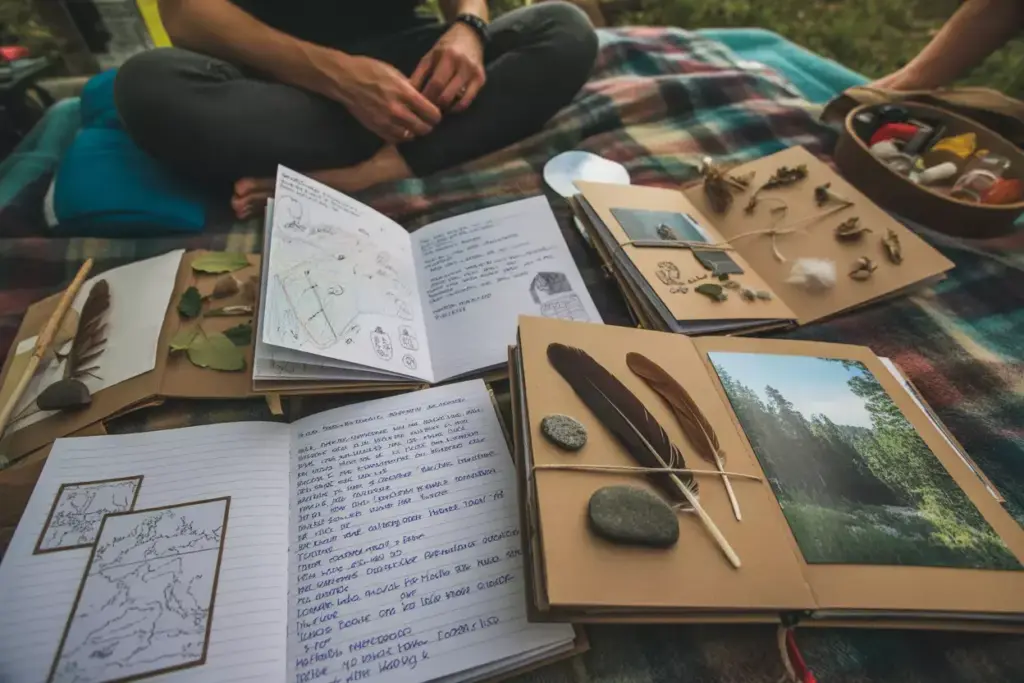 Children Creating Camping Memory Journals With Pressed Leaves Drawings And Adventure Stories