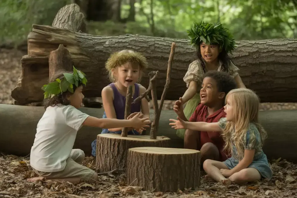 Children Creating Forest Theater With Natural Costumes And Storytelling