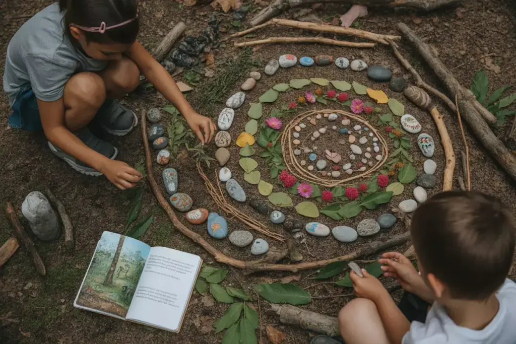 Children Creating Nature Art Mandala With Rocks Leaves And Flowers On Forest Floor