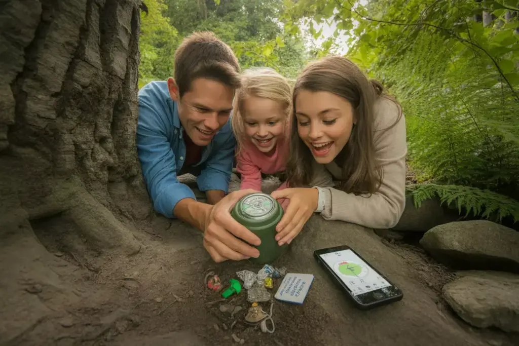 Family Discovering Hidden Geocache Container At Base Of Large Tree