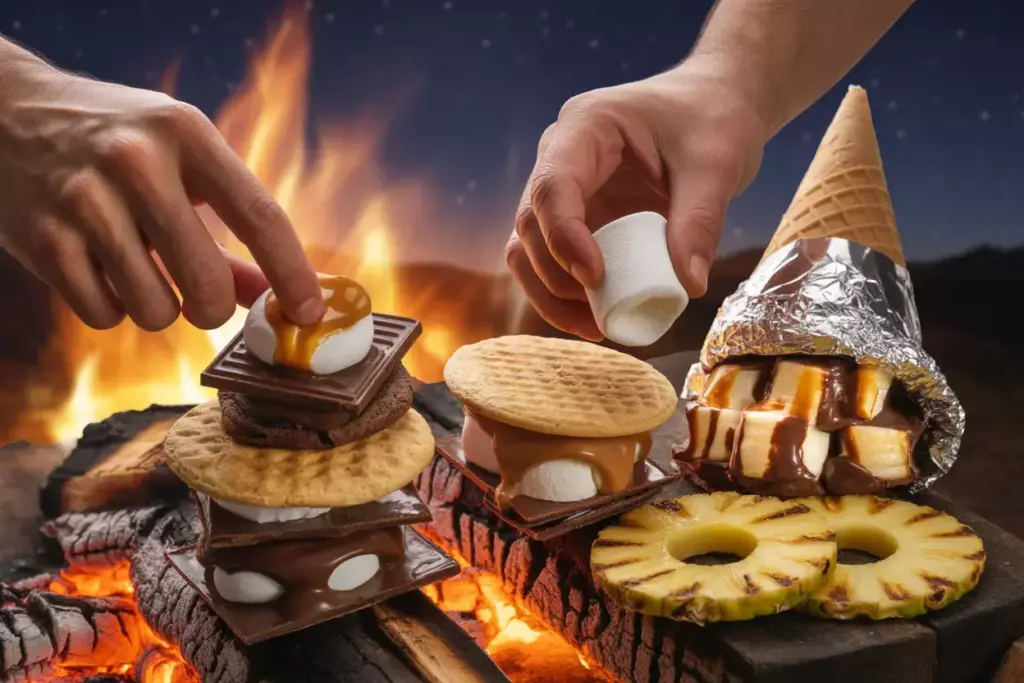 7 Gourmet Smores Variations And Campfire Cones Cooking Over Bonfire Coals
