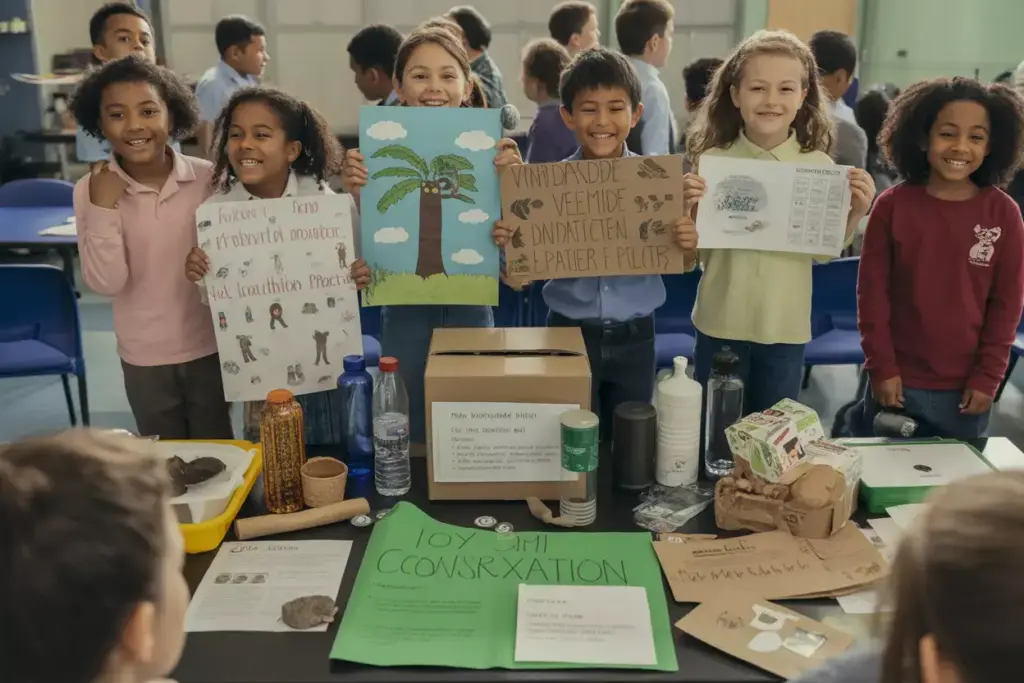 Kids Presenting Conservation Projects Posters And Fundraising For Amazon Rainforest Protection